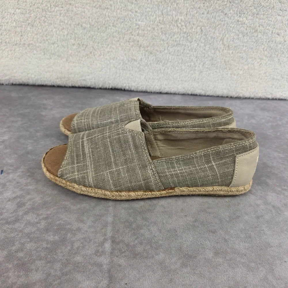 TOMS Womens Open Toe Espadrille Flats Taupe Wht Grid Print Slip On Shoes Size 6